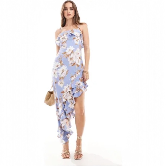 Abercrombie & Fitch Blue Floral Asymmetrical Ruffle Midi Dress | Size L - Picture 5 of 16